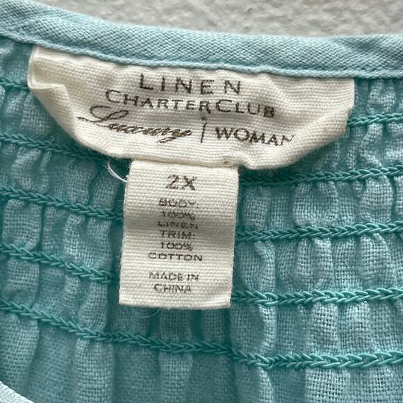 Charter Club Linen Luxury Blue Peasant Style Smocked Neckline Top Size 2X - Picture 6 of 9